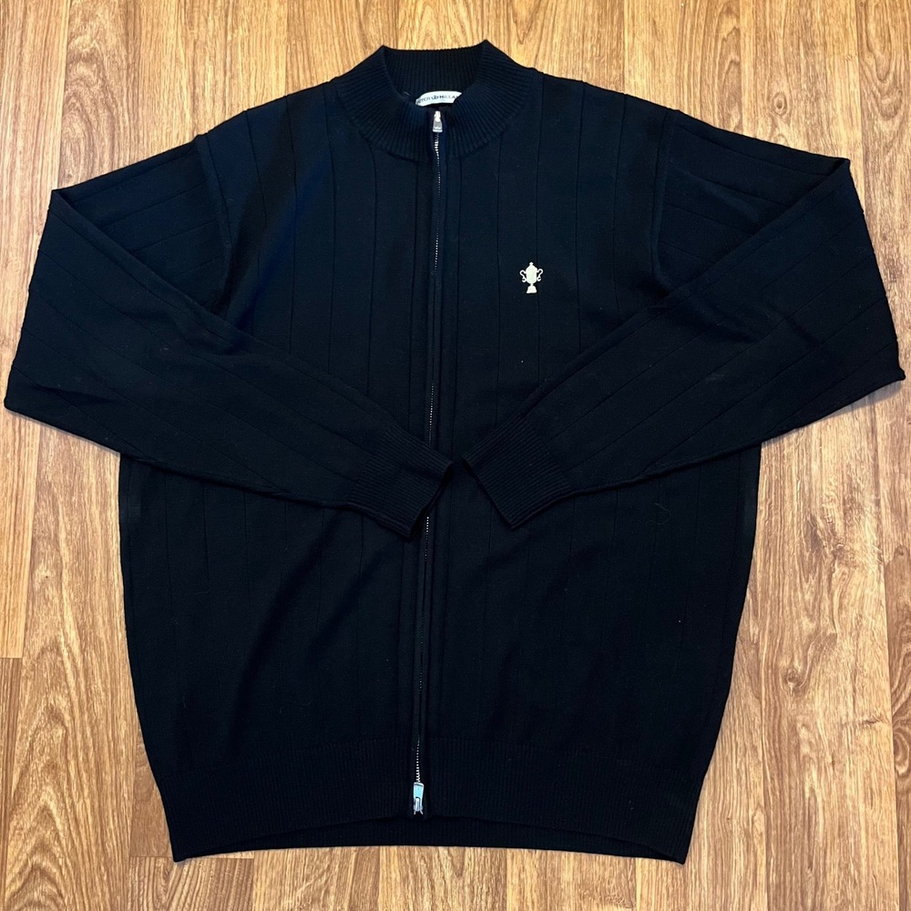 Peter‎ Millar Sweater Men XL Black Merino Wool Full Zip Ribbed Trophy Mock Neck
